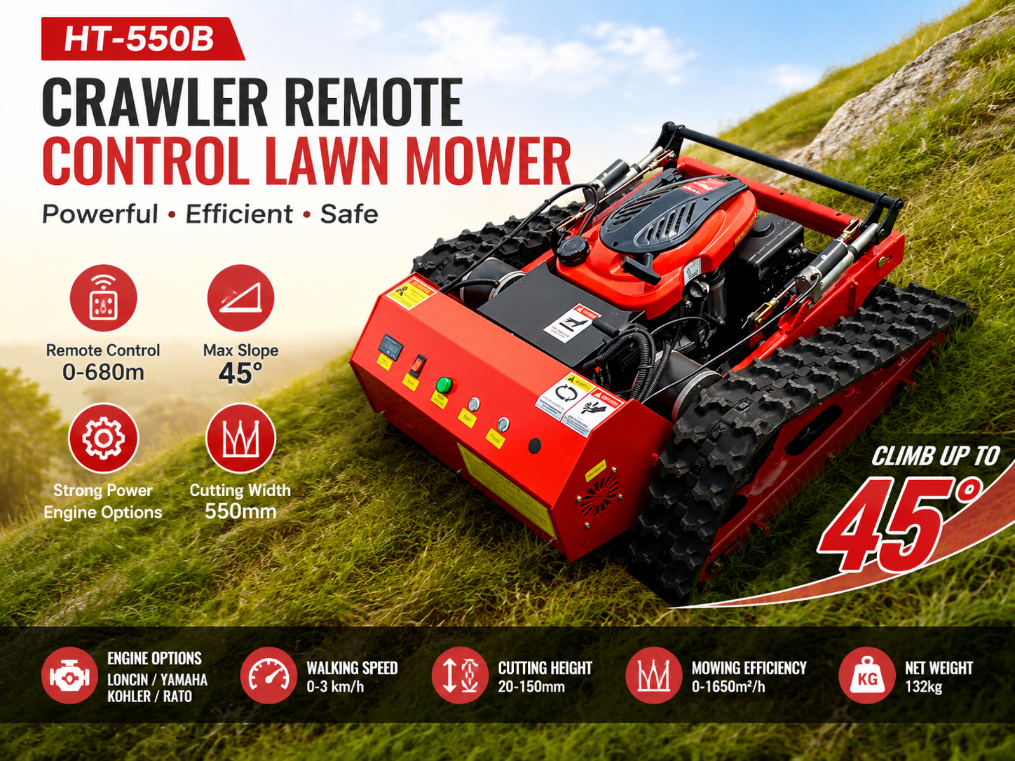 HT-550B Crawler Remote Control Lawn Mower: The Smart Solution for Efficient Slope and Rough Terrain Mowing HT-550B Crawler Remote Control Lawn Mower: The Smart Solution for Efficient Slope and Rough Terrain Mowing